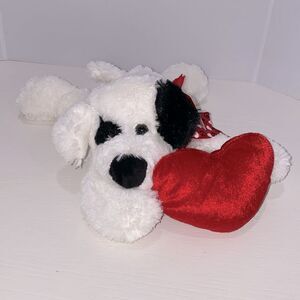Vintage Lotsa Love 8" Plush White Dog With Black Ears Holding Heart NWT